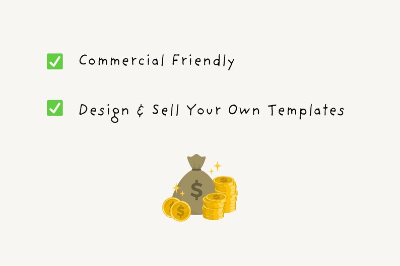 K&ouml;nnte beinhalten: Illustration mit dem Text "Commercial Friendly" und "Design & Sell Your Own Templates". Ein Geldsack mit Dollarzeichen und Stapeln goldener M&uuml;nzen sind ebenfalls abgebildet.