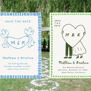 K&ouml;nnte beinhalten: Zwei Hochzeitsank&uuml;ndigungskarten mit blauen und gr&uuml;nen Designs. Die linke Karte hat einen blauen Rand und ein blaues Design mit den Buchstaben M & K. Die rechte Karte hat einen gr&uuml;nen Rand und ein Herzdesign mit den Buchstaben M & K. Beide Karten sagen "Save the Date".