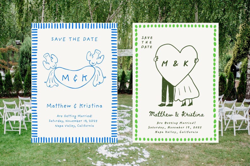 K&ouml;nnte beinhalten: Zwei Hochzeitsank&uuml;ndigungskarten mit blauen und gr&uuml;nen Designs. Die linke Karte hat einen blauen Rand und ein blaues Design mit den Buchstaben M & K. Die rechte Karte hat einen gr&uuml;nen Rand und ein Herzdesign mit den Buchstaben M & K. Beide Karten sagen "Save the Date".