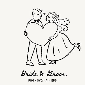 Könnte beinhalten: Schwarz-weiße Strichzeichnung eines Brautpaares, das ein großes Herz hält. Der Text "Bride & Groom" steht darunter. Die Bildformate PNG, SVG, AI und EPS sind ebenfalls angegeben.