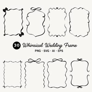 Pacchetto di clipart di cornici per matrimoni disegnate a mano in formato SVG e PNG, cornice con bordo ondulato stravagante per inviti di nozze, uso commerciale