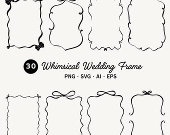 Hand Drawn Wedding Frames Clipart Bundle SVG PNG, Whimsical Wavy Border Frame For Wedding Invitations, Commercial Use