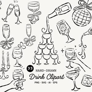 Hand Drawn Wedding Drink Clipart SVG, Whimsical Champagne and Cocktail Illustrations, Cute Hand drawn Beverage Doodles for Invitations