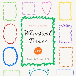 Könnte beinhalten: Eine Sammlung handgezeichneter, farbenfroher, skurriler Rahmen in verschiedenen Formen, darunter Rechtecke, Ovale und ein Herz. Das Bild enthält den Text "Whimsical Frames" und "100" in einem orangefarbenen Kreis mit Dateitypinformationen.