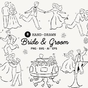 手描きの花嫁と花婿のSVGクリップアート、気まぐれな結婚式のカップルのイラスト、ロマンチックな結婚式の招待状、かわいいブライダルPNG、線画