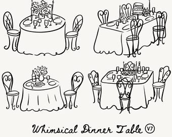 Ilustración vectorial de mesa de boda estilo doodle dibujada a mano (SVG/PNG): ilustración de mesa de comedor, arte lineal, icono de boda para invitación.
