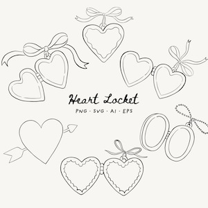 May include: A collection of heart-shaped lockets in a line art style. Some lockets are open, revealing space for photos, while others are closed and adorned with bows. The text "Heart Locket" is displayed below the lockets.