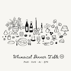May include: Black and white illustration of a whimsical dinner table setting. The image includes various elements such as wine bottles, candles, flowers, plates, glasses, and a lamp. The text "Whimsical Dinner Table" is at the bottom.