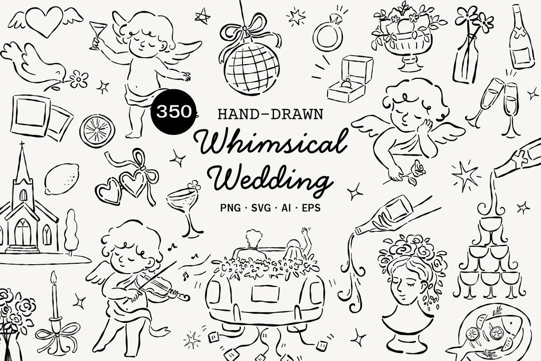 Hand Drawn Wedding SVG Clipart Bundle, Whimsical Wedding Doodle Icons ...