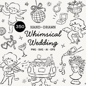 May include: Hand-drawn black and white illustrations with a whimsical wedding theme. Includes cherubs, champagne glasses, a church, a car with flowers, and the text "Whimsical Wedding".