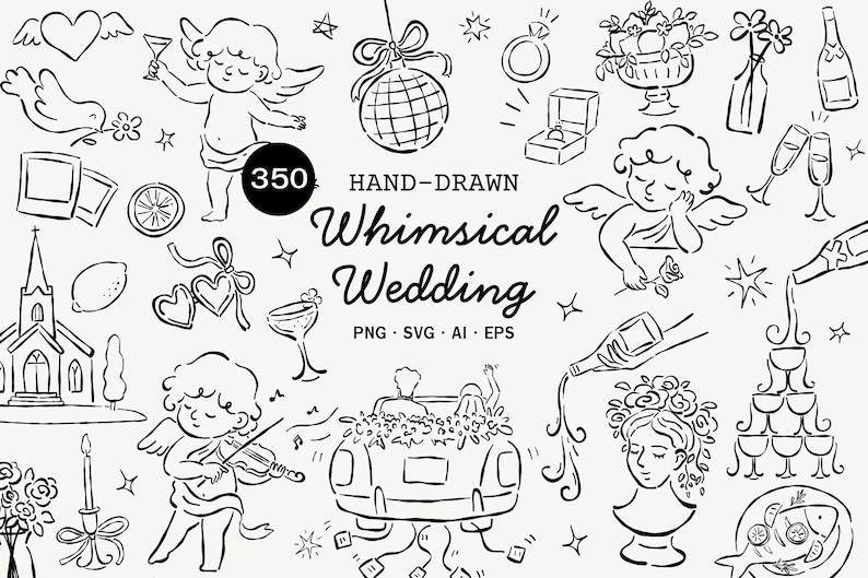 Hand Drawn Wedding SVG Clipart Bundle, Whimsical Wedding Doodle Icons ...