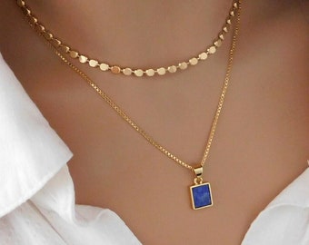 Lapis Lazuli Necklace for Women, Blue Gemstone Necklace, Flat Ball Chain Choker, Gold Box Chain, September Birthstone Christmas Gift for Her