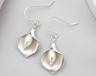 Silver Calla Lily Earrings: White Pearl Wedding Jewelry