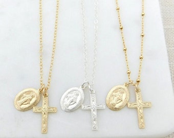 Dainty Virgin Mary with Cross Necklace, Catholic Necklace, Miraculous Pendant, Lady of Guadulupe