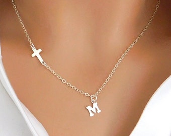 Sideways Cross Initial Necklace, Confirmation Gift, Personalized Letter Necklace, Christian Jewelry, Religious Necklace,First Communion Gift