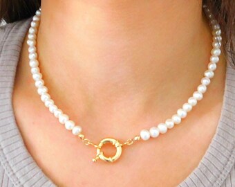 Real Freshwater Pearl Necklace, Simple Pearl Choker, Pearl Bridal Necklace, Bridesmaid Gifts, 18k Gold Filled Sailors Clasp, Anniversary