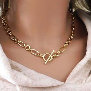 Gold Toggle Clasp Choker, Chunky Paperclip Chain Necklace, T Bar Necklace, Statement Necklace, Gold Link Chain Necklace, Layering Necklace