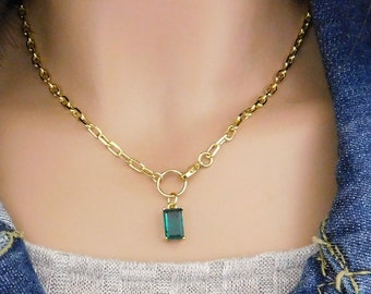 Dainty Gemstone Necklace for Women, Small Paperclip Chain, Emerald Green or Sapphire Blue Pendant Necklace, Unique Jewelry Gifts for Mom