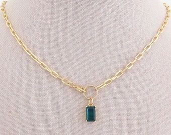 Gemstone Choker Necklace for Women, Dainty Handmade Gold Necklace, Paperclip Chain Necklace, Sapphire or Emerald Pendant Necklace