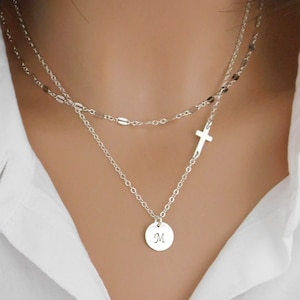 Collier croix en argent sterling : disque initial personnalisé, bijoux religieux