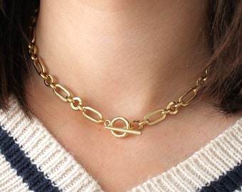 Gold Toggle Clasp Choker, Chunky Paperclip Chain Necklace, T Bar Necklace, Statement Necklace, Gold Link Chain Necklace, Layering Necklace