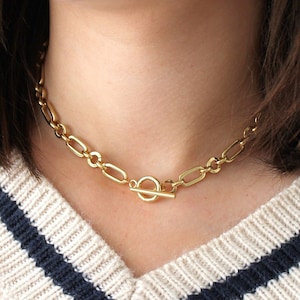 Gold Toggle Clasp Choker, Chunky Paperclip Chain Necklace, T Bar Necklace, Statement Necklace, Gold Link Chain Necklace, Layering Necklace