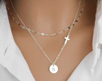 Women Cross Necklace, Side Cross Necklace, Initial Necklace, Personalized Jewelry, Custom Letter Necklace, Christian Sideways Cross Chain