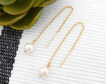 Pearl Threader Earrings, Long Gold Filled Earrings, Pearl Dangle, Birthstone Earrings, Elegant Bridal Earrings, Freshwater Pearl Jewelry