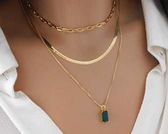 Dainty Emerald Gemstone Necklace Set for Women, Green Pendant Necklace, Box Chain, Snake Chain, May Birthstone Jewelry, Gift for Her
