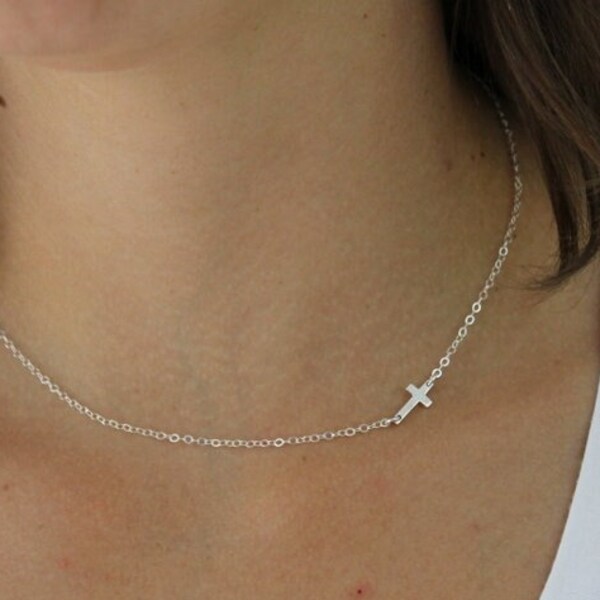 Dainty Sideways Cross Necklace: Sterling Silver or Gold Filled