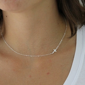 Sideways Cross Necklace, Tiny Gold Cross Necklace, Dainty Silver Cross Choker, Gift for Women, Delicate Necklaces