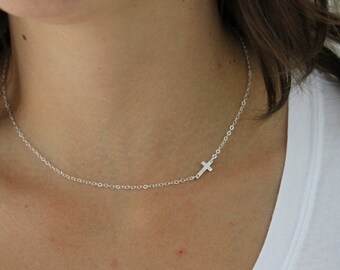 Cross necklace for women with a sideways cross available in both sterling silver and 14kt gold fill