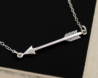 Silver Arrow Necklace, Sideways Arrow Pendant, Sterling Silver Horizontal Arrow, Minimalistic Necklace, Arrow Jewelry, Girlfriend Gift