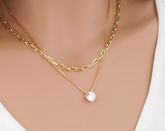 Dainty Gold Floating Solitaire Necklace, CZ Diamond Necklace, Box Chain, Cubic Zirconia Necklaces for Women, Bridesmaid Gifts