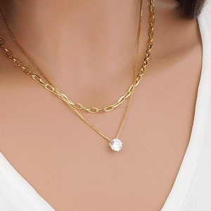 Dainty Gold Floating Solitaire Necklace, CZ Diamond Necklace, Box Chain, Cubic Zirconia Necklaces for Women, Bridesmaid Gifts