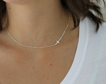 Sideways Cross Necklace, Gold Cross Necklace, Sideways Necklace, Dainty Cross Necklace, Cross Necklace Women, Layering Sterling Silver