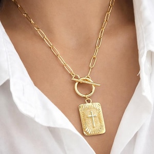 18k Gold Filled Cross Toggle Necklace, Layered Paperclip Chain Necklace, Dainty Cross Necklace for Women, Christmas Gift