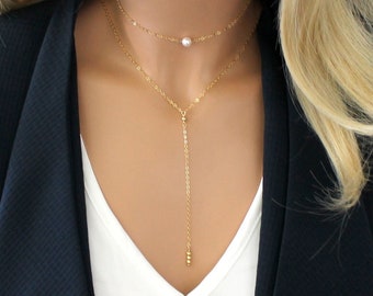 Gold filled Y shaped elegant lariat layering necklace for women perfect for a mother gift