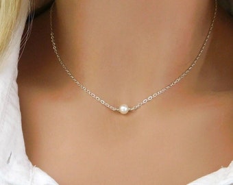 Pearl Choker, Tiny Freshwater Pearl Necklace, Dainty Pearl Chain Necklace, Layering Necklace, Small Single Pearl Choker, Minimalist Jewelry