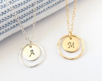 Initial Necklace With Ring, Monogram Pendant Necklace, Custom Initial Chain Necklace, Minimalist Jewelry, Gift For Her, Delicate Necklace