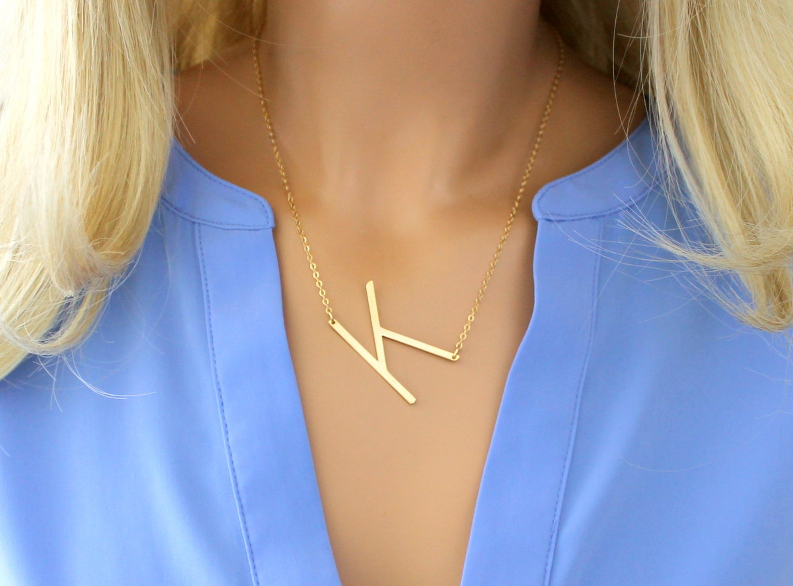 Sideways Initial Necklace Large Letter Necklace Big Initial Etsy