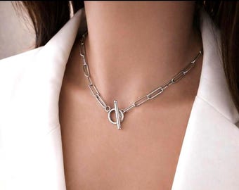 White Gold Filled Paperclip Toggle Necklace: Chunky Chain Choker