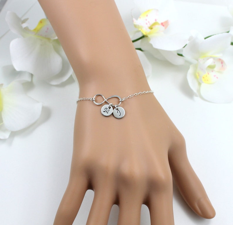 Sister Infinity Bracelet, Silver Sister Initial Bracelet, Custom Monogram Charms, Engraved Initial Sis Bracelet, Personalized Sister Gift image 2