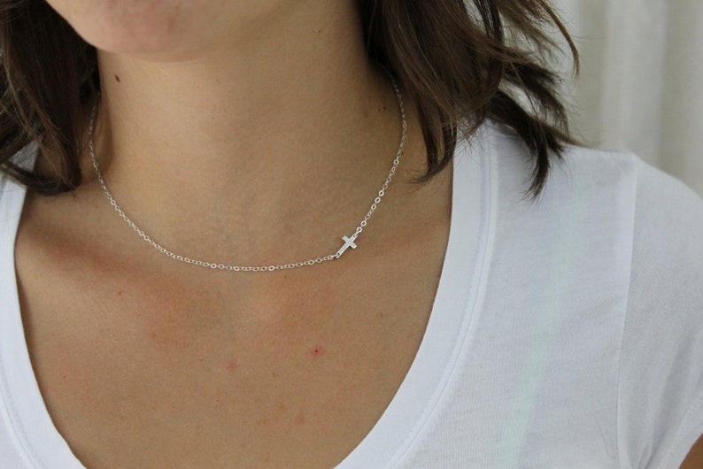 Sideways Cross Necklace, Cross Necklace Women, Silver Cross Necklace, Dainty Women Jewelry, Tiny Cross Necklace, Minimalist Jewelry, Layered image 5