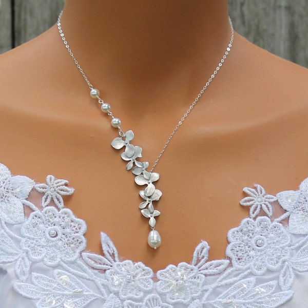 Silver Orchid Necklace With Pearls, Cascade Orchid Necklace, Floral Bride Jewelry, Wedding Day Jewellery, Bridal Necklace, Gift For Bride