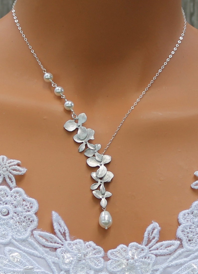 Orchid Wedding Jewelry, Floral Necklace With Pearls, Orchids Bridal Necklace, Wedding Jewelry For Bridesmaids, Birthstone Necklace, Gift image 4