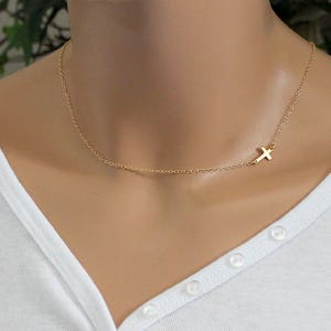Sideways Cross Necklace, Gold Cross Necklace, Dainty Cross Chain, Baptism Necklace Women, Religious Jewelry, Christening Necklace Gift image 3