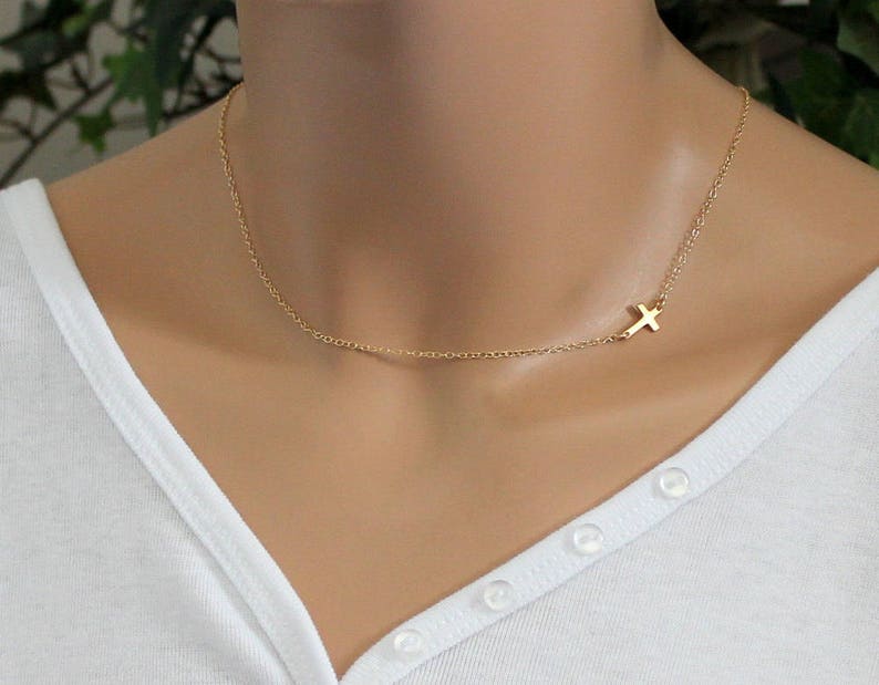 Sideways Cross Necklace, Gold Cross Necklace, Dainty Cross Chain, Baptism Necklace Women, Religious Jewelry, Christening Necklace Gift image 3