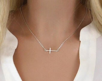 Sterling Silver Sideways Cross Necklace, Dainty Minimalist Faith Jewelry
