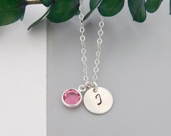 Birthstone necklace for mom made from sterling silver can be personalized with swarovski birthstone and custom initial